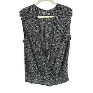 Halogen Surplice Blouse Black White Abstract Sleeveless Ruched Summer Vacay L